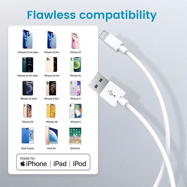 Set med 2 USB-laddarkablar 3m för iPhone SE 2020/ X/ XS/ XR/6/7/8/11/12 Pro Max Vit