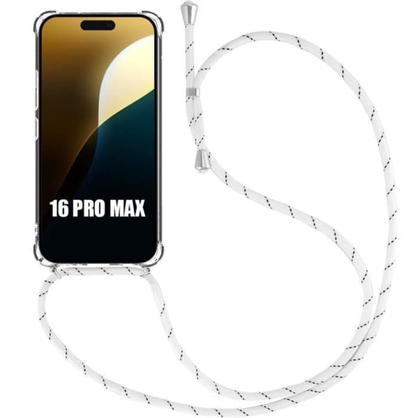 Coque Cordon - AntiChoc - för iPhone 16 Pro Max - Förstärkt skydd - Transparent - Vit snodd Vit, klar
