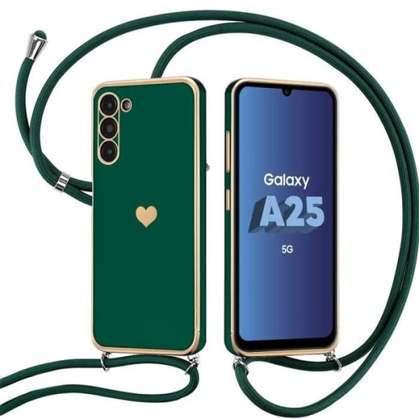 Lanyardfodral för Samsung Galaxy A25 5G, stötsäkert silikonfodral med hjärtmönster och snodd - midnattsgrön