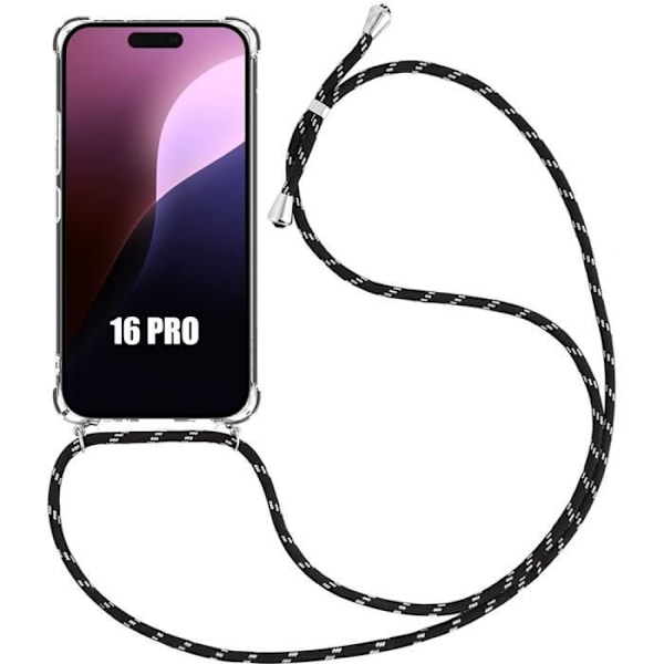 Skyddande hölje - Förstärkt - iPhone 16 Pro - TPU Stötsäker - Svart Snodd - Mjuk Transparent