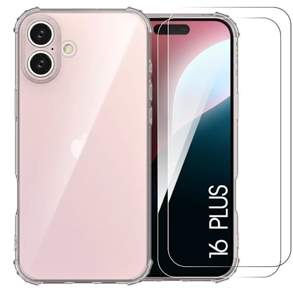 Skyddsfodral för telefon - Silikon - iPhone 16 Plus - Stötskydd - Transparent - 2 Härdade Glas Transparent