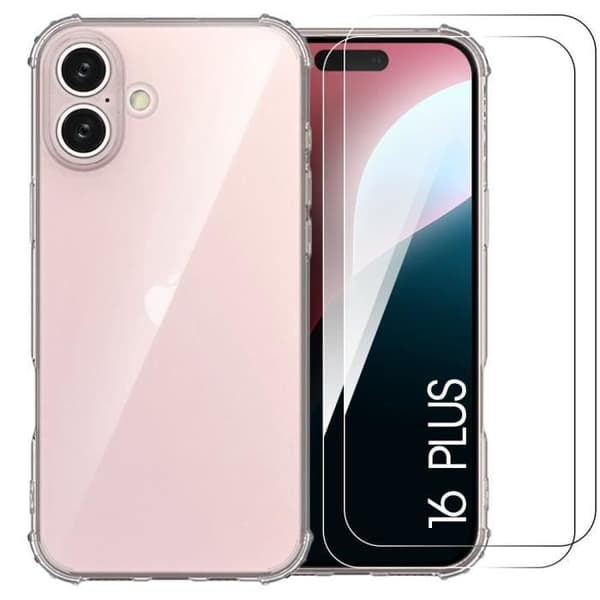 Skyddsskal - Silikon - för iPhone 16 Plus - Stötsäker - Transparent - 2 Härdade Glas Transparent