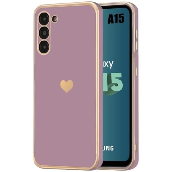 Fodral till Samsung Galaxy A15 5G-4G -Lila- Stötsäker TPU-silikon, lyxig stil med pläterat och guld- Love Heart-mönster Lilla