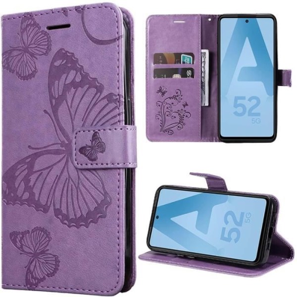Fodral för Samsung Galaxy A52 4G-5G A52s 5G, lila flipfodral i syntetiskt läder med elegant fjärilsmönster