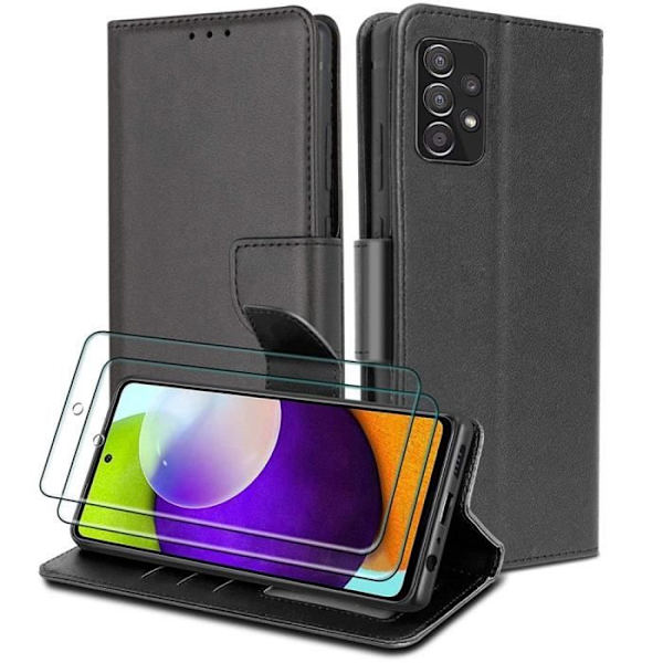 Fodral för Samsung A53 5G (6,5") + förpackning 2 härdade glasögon. Fodral Magnetisk stängning Design Massivt lädereffekt Elegant svart Svart