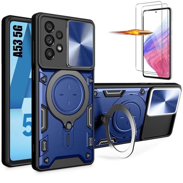 Coque - Booling - för Samsung Galaxy A53 5G - Mörkblå - Stödring - 2 Härdat glas marinblå
