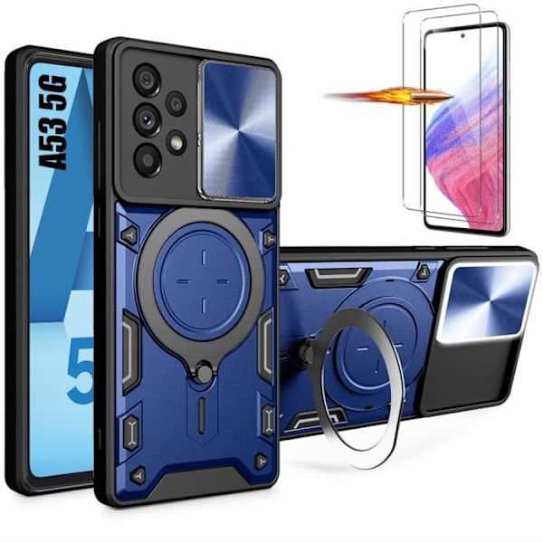 Fodral för Samsung Galaxy A53 5G Marinblå ringstöd skjutbart kameraskydd + 2 härdade glasögon