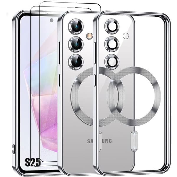 Coque - BOOLING - för Samsung Galaxy S25 - Magnetisk ring - Silver - 2 härdade glas Klar, Silver