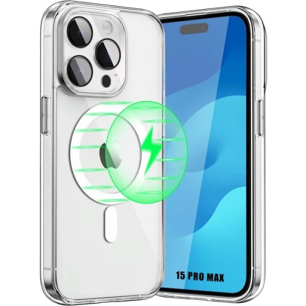 Fodral till iPhone 15 Pro Max - Transparent stötsäker med magnetisk cirkel och bakre kameraskydd härdat glas