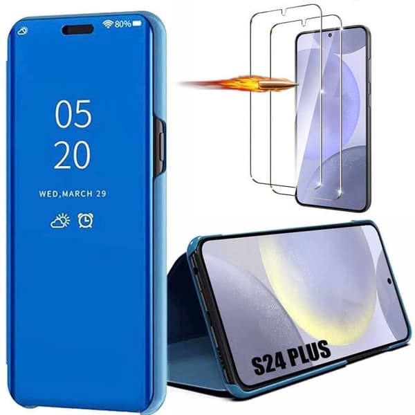 Coque - Booling - för Samsung Galaxy S24 Plus - Blå - Spegel - Elegant Skydd - 2 Härdade Glas Blå