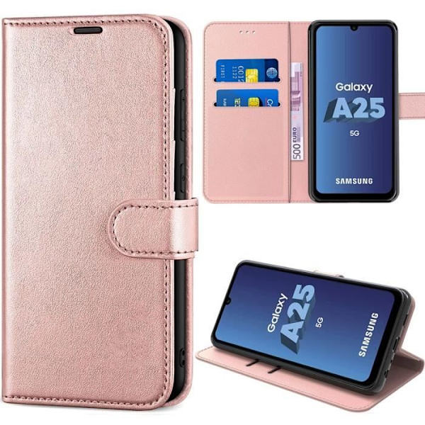 Fodral för Samsung Galaxy A25 5G, rosa, stötsäkert skyddande TPU och PU-läder med korthållare och stativfunktion Rosa