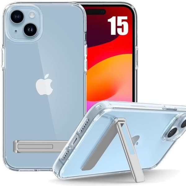 Skyddsfodral - BOOLING - för iPhone 15 - Stötsäker mjuk TPU - Justerbart stativ - Transparent Klar, Silver