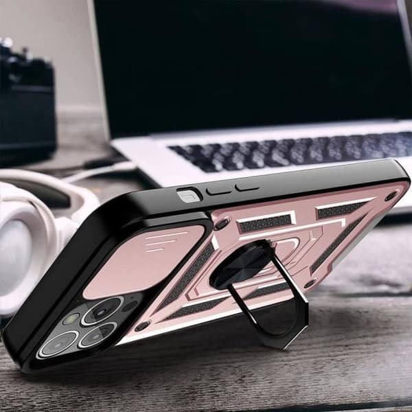 Fodral för iPhone 14 Pro Max - Stötbeständig - Rosa - Inbyggt stativ - Skjutlock - Rotationsring Rosa