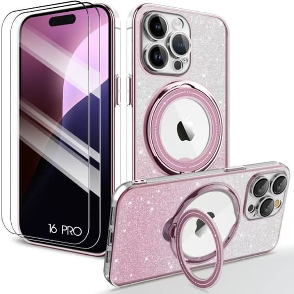 Skyddshölje - BOOLING - för iPhone 16 Pro - Rosa - Glittrande - Rotatable stöd Rosa
