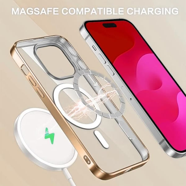 Skyddshölje för iPhone 15 Pro - BOOLING - Styvt - Transparent - Magnetisk Cirkel - Stötsäker gyllene