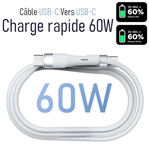 Kabel 60W USB-C för iPhone 16 Pro Max, iPhone 16 Pro, iPhone 16e, iPhone 15 Plus - 1 Meter Vit Vit