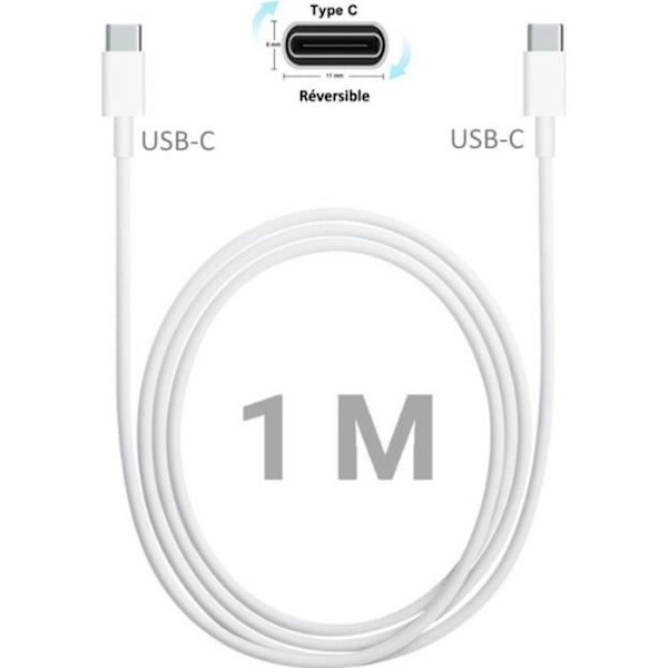 För Samsung Galaxy S10 Plus: USB-C till USB-C-kabel 100 cm Vit