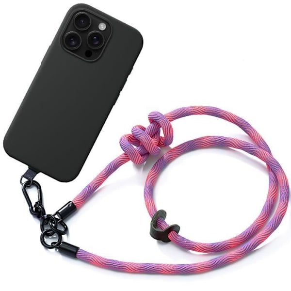 Lanyardfodral för iPhone 16 Pro Max, stötsäkert svart flytande silikon med rosa löstagbart linband