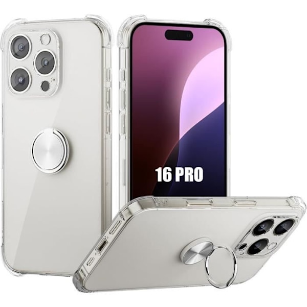 Genomskinligt silikonfodral för iPhone 16 Pro, med silver roterande ringhållare