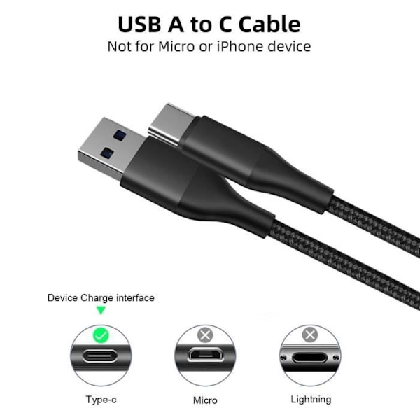 Lot-3 USB-C-kabel 1M snabbladdning 3A för Samsung Galaxy A15 A05s A25 A35 A55 - Svart flätad nylon