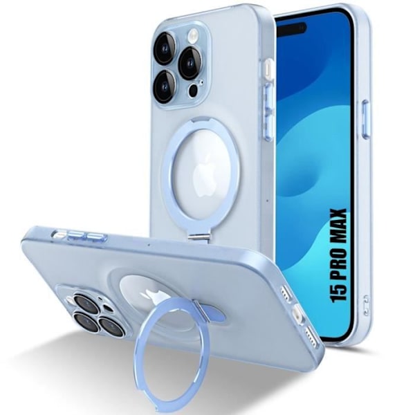 Fodral för iPhone 15 Pro Max, stötsäkert hårt fodral med justerbar magnetisk ringhållare och kameraskydd - genomskinlig blå