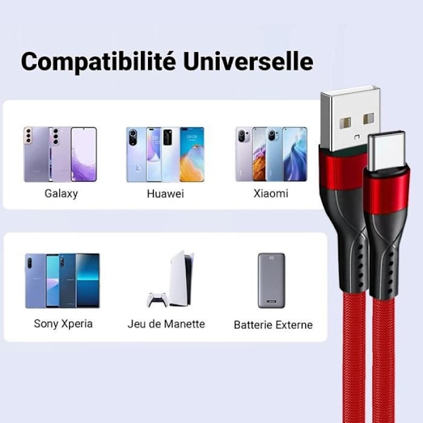 2 USB-C-kabler 1M 3A hurtigopladning til Xiaomi Redmi 13C, Redmi Note 13 4G-5G, Redmi Note 13 Pro 4G-5G, Note 13 Pro+ 5G - Rød nylon Röd