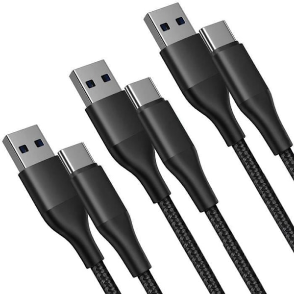 Lot-3 USB-C-kabel 1M snabbladdning 3A för Xiaomi Redmi 13C, Redmi Note 13 4G-5G, Note 13 Pro Plus 5G - Svart flätad nylon Svart