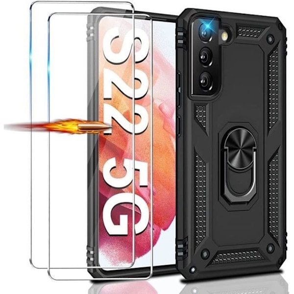 Fodral för Samsung S22 (6.1") - Svart - Metallstödring - Förstärkt skydd - 2 härdade glasögon Svart