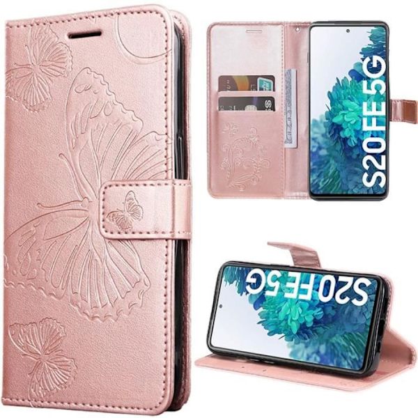 Fodral för Samsung Galaxy S20 FE, rosa lädereffektskydd, magnetisk stängning, fjärilsmönster (ej för S20)