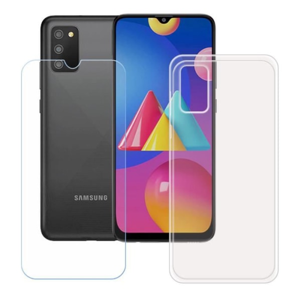 FZ-etui til Samsung Galaxy A02S (6,5") + hærdet glas, HD-beskyttelsesfilm - Gennemsigtig TPU-silikonecover.