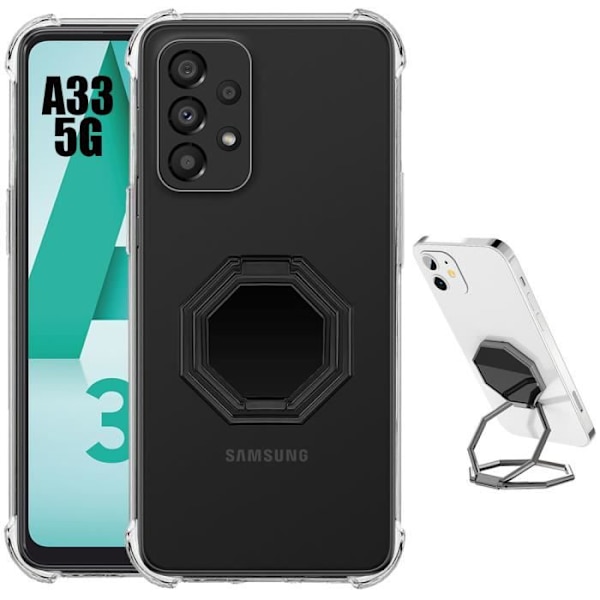 Fodral till Samsung Galaxy A33 5G - BOOLING - Stötsäker silikon med vikbart metallringstöd grå transparent-svart