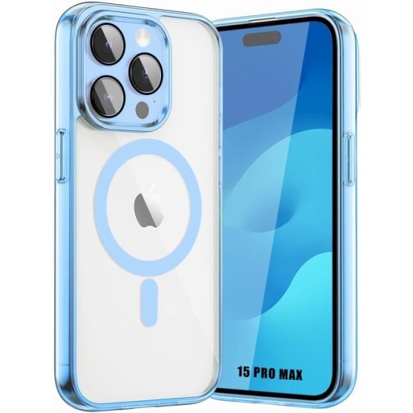 Fodral för iPhone 15 Pro Max med magnetisk cirkel och kameraskyddsglas, stötsäker styv transparent blå kontur