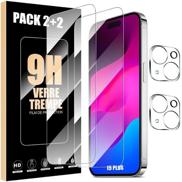 Verres Trempés - BOOLING - iPhone 15 Plus - 2 Verres Ecran - 2 Protections Kaméra - Resistenta mot repor Transparent