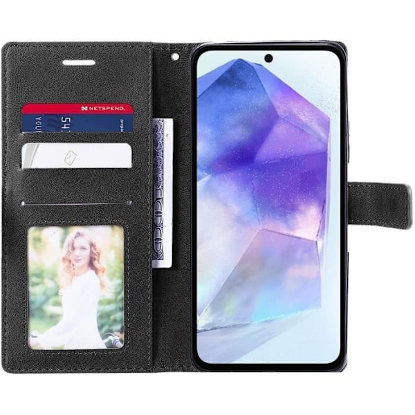 Skyddshölje - BOOLING - Samsung Galaxy A55 5G - Svart PU-läder - 2 Härdat Glas - Flera Positioner Svart