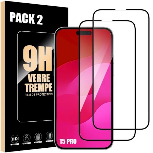 Helhärdat glas för iPhone 15 Pro - BOOLING - Förpackning med 2 svarta anti-skrapglasögon Transparent med svart kant