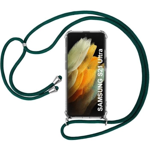 Crossbody-taske til Samsung S21 Ultra (6,8") Transparent forstærket hjørnebeskyttelse + skulderrem midnatsgrøn Transparent-midnattsgrön