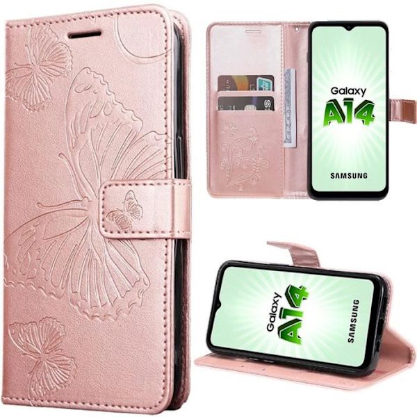Coque - Samsung - Galaxy A14 4G-5G - Skydd mot repor - Fjärilsmönster - Syntetiskt läder Rosa