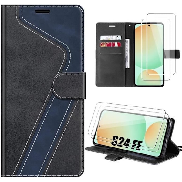 Fodral och 2 härdade glasögon för Samsung Galaxy S24 FE (ej för S24) Anti-Scratch PU Läder Svart-Marinblå