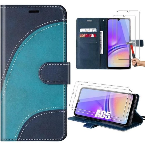Skyddshuvud - BOOLING - Samsung Galaxy A05 - PU-läder - 2 Härdat Glas - Mörkblå Blå