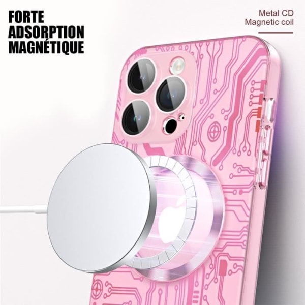 Cover til iPhone 15 Pro Max med magnetisk cirkel og kamerabeskyttelse, stødsikker, stiv gennemsigtig pink - trykt kredsløbsmønster