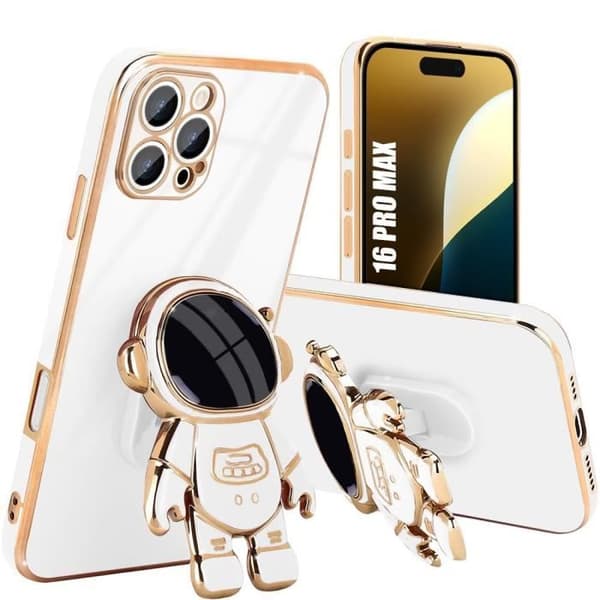 Fodral för iPhone 16 Pro Max - Vit - Astronautmönster - Flexibelt silikon - Stötsäker - Justerbart stativ Vit