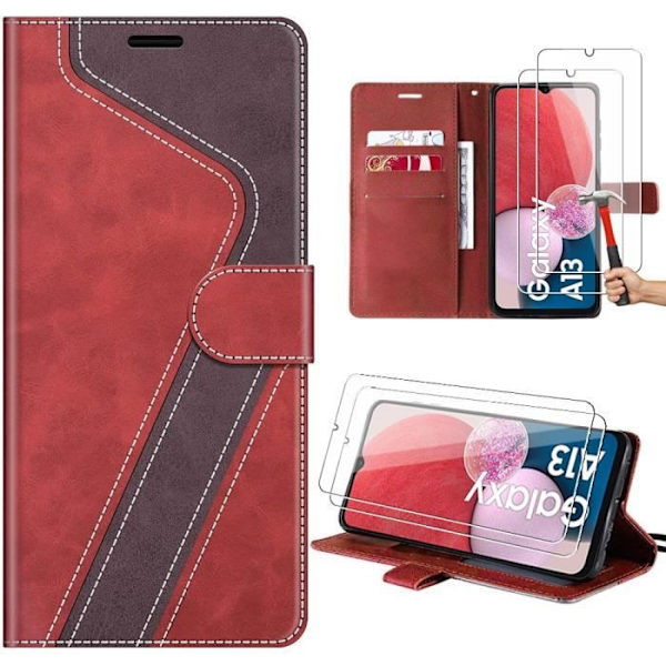 Fodral för Samsung Galaxy A04s/A13 - Röd - PU-läder - Mjuk - Med Ställ - 2 Härdat Glas Rödbrun