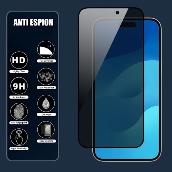 [2 stycken] Antispion härdat glas för iPhone 15 Pro Max - Skärmskydd Svart