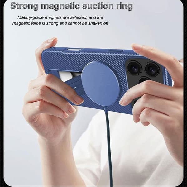 Skyddsskal - BOOLING - för iPhone 17 Pro - Kolfiber Stöd och Blå Magnetring Blå
