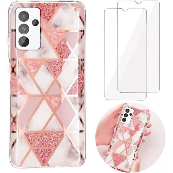 Fodral för Samsung Galaxy A13 5G-A04s med 2 härdade glasögon, stilig resistent Stötsäker silikonrosa Rosa