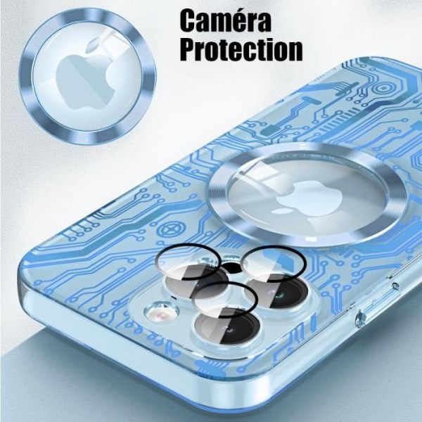 Skal för iPhone 15 Plus med magnetisk cirkel och kameraskydd i glas, halvtransparent hårt skal med blått kretsmönster