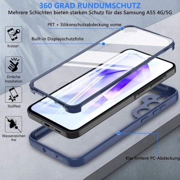 Fodral till Samsung Galaxy A55 5G - Fullt skydd Mjuk TPU Fram och Hård PC Baksida - Marinblå