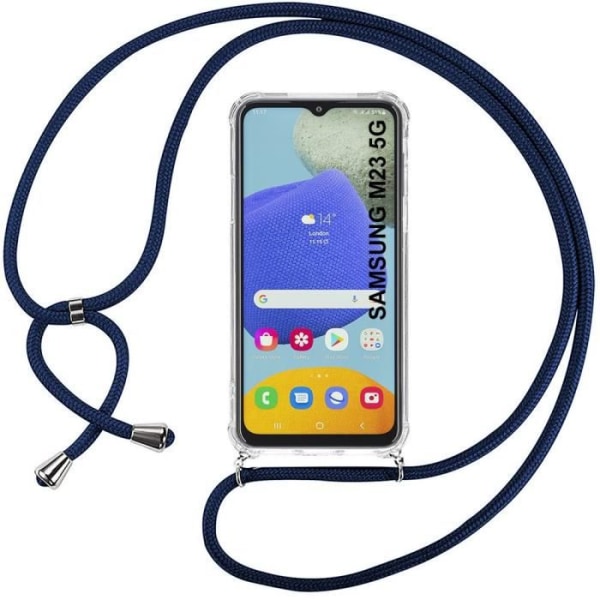 Halsbånds-etui til Samsung Galaxy M23 5G Gennemsigtig stødsikker silikone + marineblå snor Transparent-marinblå