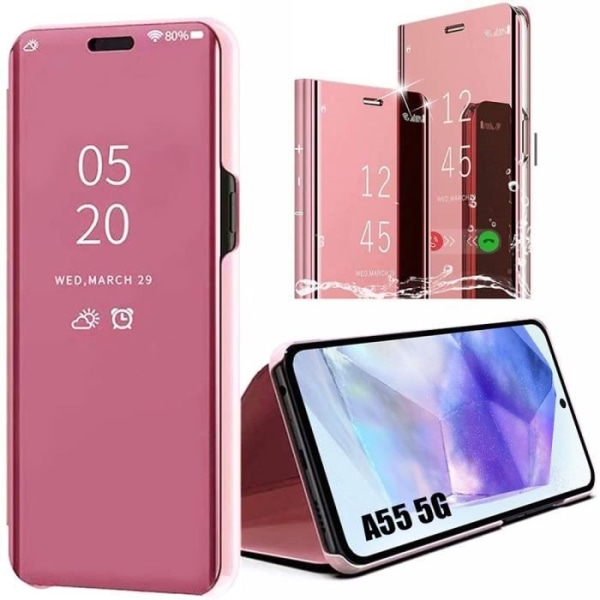 Fodral för Samsung Galaxy A55 5G, rosa, stötsäkert Smart Fodral Clear View med spegelvänd och stativfunktion Rosa