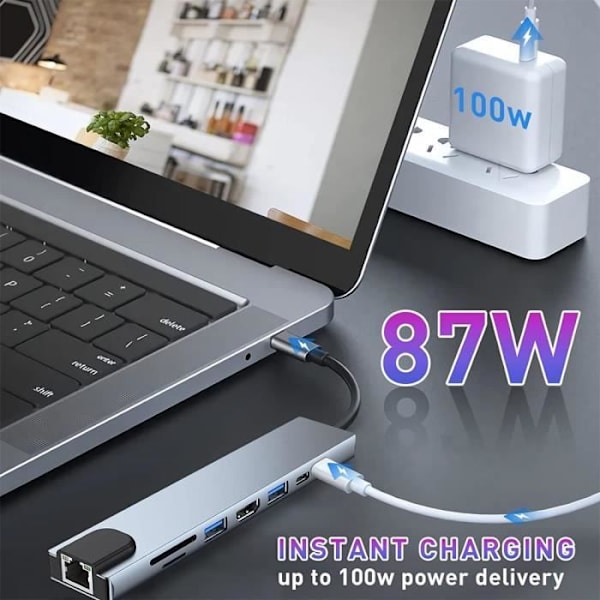 Hub-adapter - BOOLING - 8 i 1 - USB-C till HDMI 4K - PD 87W - SD/TF-läsare
